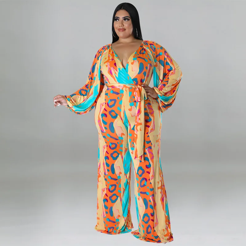 Plus Size Women 5xl Jumpsuit V Nexk Print One Piece Outfit Sexy Fashion Wide Leg Pant Lady Club Fall Belt Wholesale Clothes