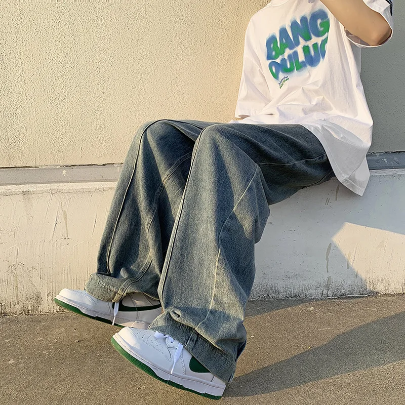 Blue Baggy Jeans Mens Four Seasons Korean Version of Harajuku Style Straight-leg Pants Drape Wide-leg Mopping Casual Trousers