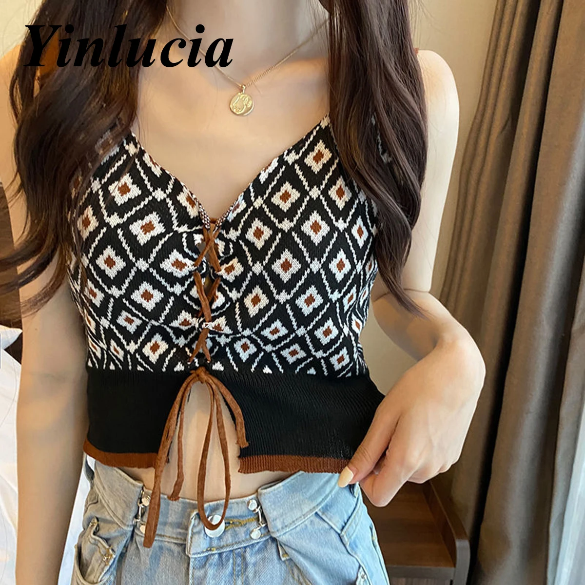 

Пикантная Изысканная майка-безрукавка с ромбовидным узором, короткий жилет на шнурке, трикотажный топ-труба с V-образным вырезом, Y2K, винтажн...