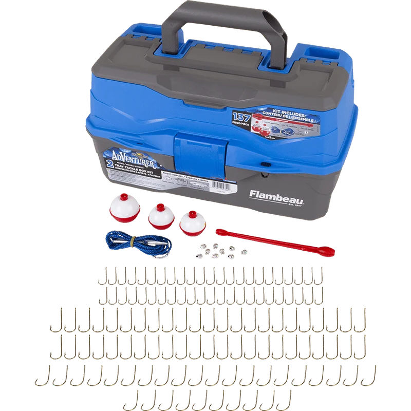 

Outdoors 6382FTK Adventurer 2-Tray Tackle Box 137-Piece Kit, Complete Starter Fishing Tackle Kit with Stringer, Hooks, Bobbers,
