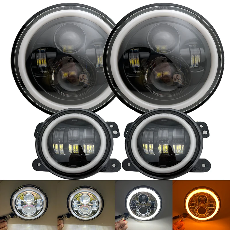 

2PCS 7inch Round LED Headlight Halo Projector+4Inch Front Bumper Fog Passing Lamps Driving Light For Jeep Wrangler JK 2007-2017