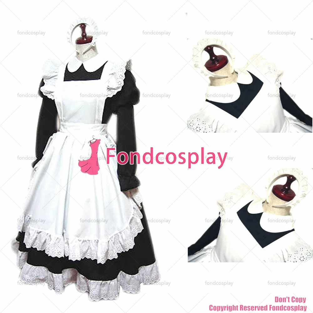 

tailor-made sexy adult dressing cross maid sissy long black cotton lockable dress uniform white apron costume tv/cd[ck761]