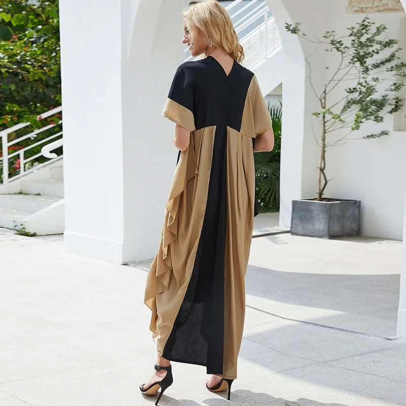 Muslim Fashion Jalabiya for Women Abaya V-Neck Short Sleeve Color-blocking Fungus Lace Long Dress Arabian Robe Moroccan Kaftan