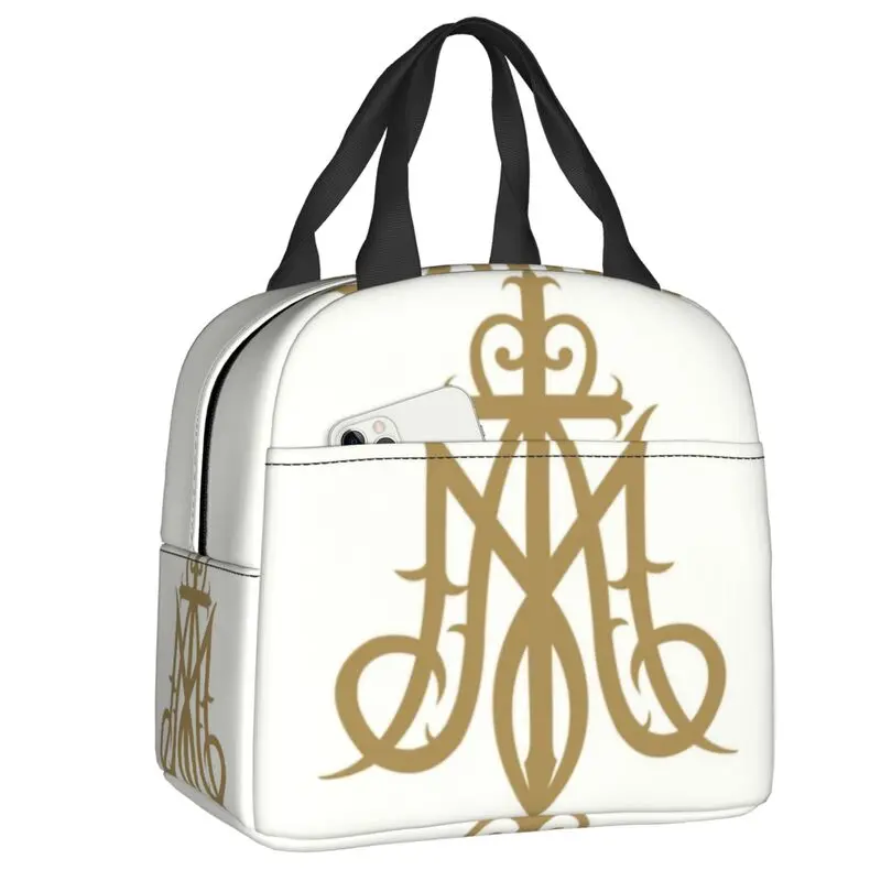 Virgin Mary Monogram Ave Maria Insulated Lunch Bag Picnic Ave Maria Catholic Christian Portable Cooler Thermal Lunch Box Kids