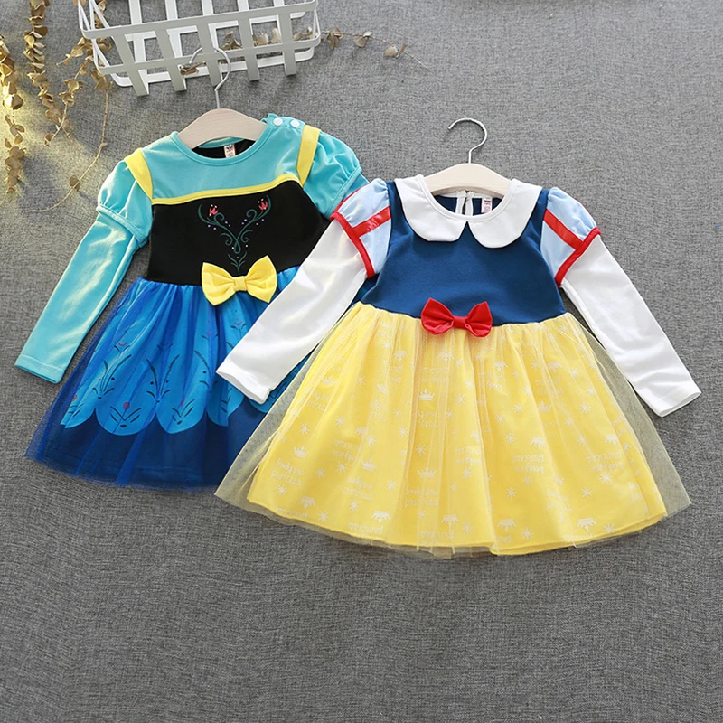 

Disney Kid Girls Princess Dress for Party Sweet Long Sleeve Patchwork Bowknot Printed Mesh Hem Dress with Back Gauze Cape