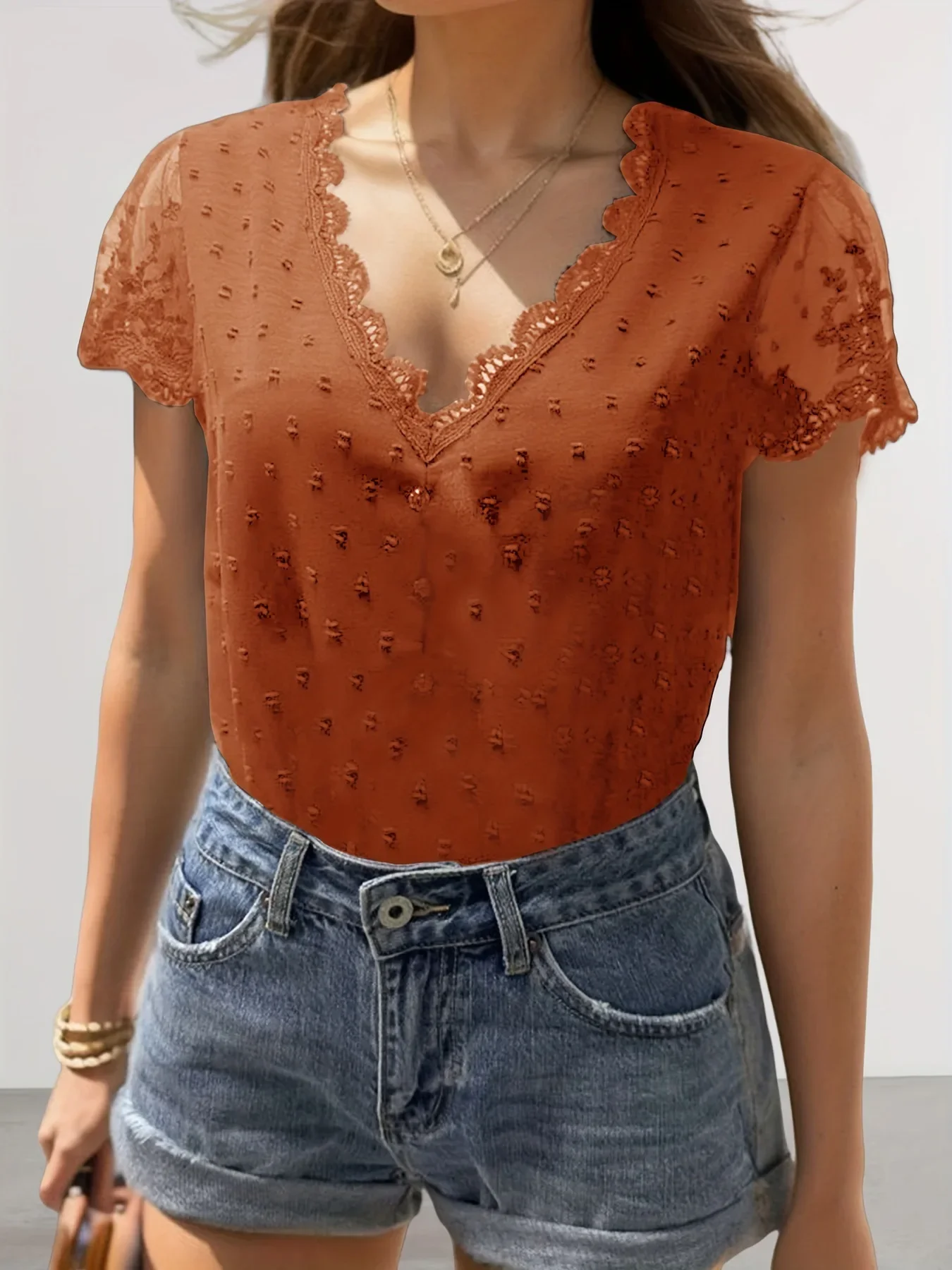 Женская кружевная блузка с V-образным вырезом и коротким рукавом