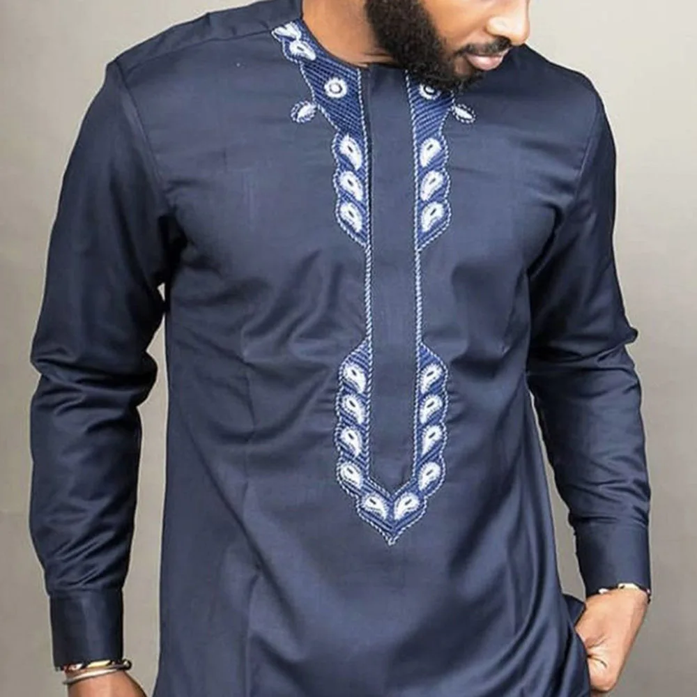 Ramadan Eid Muslim Fashion Men Shirt Arabian White Abaya Dubai Long Sleeve Top Navy Blue Slim Fit Embroidered Islamic Clothing