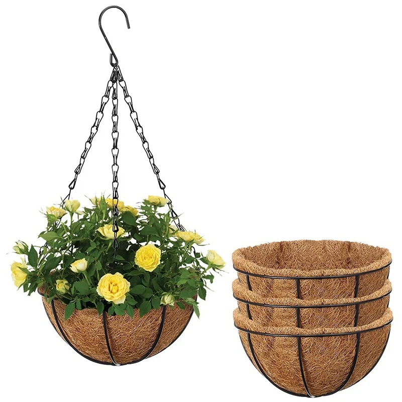 

Hanging Wrought Iron Flower Basket, 4 Packs Of 12-Inch Round Metal Hanging Basket, With Coconut Palm Shell Lining