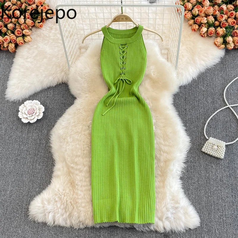 

Korejepo Suspender Sexy Vest Dresses Women Spring Summer 2022 New Sleeveless Clothes High Waist Tight Off Shoulder Dress