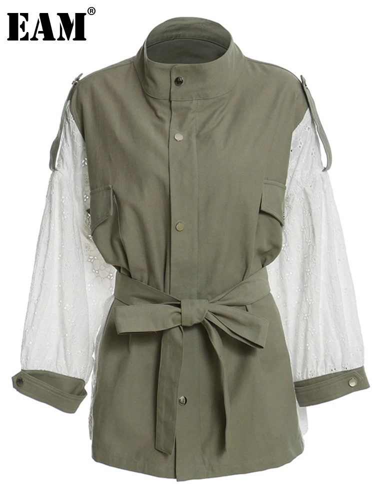 

[EAM] Women Big Size Lace Trench New Stand Collar Long Sleeve Loose Fit Windbreaker Fashion Tide Spring Autumn 2022 1DD2371