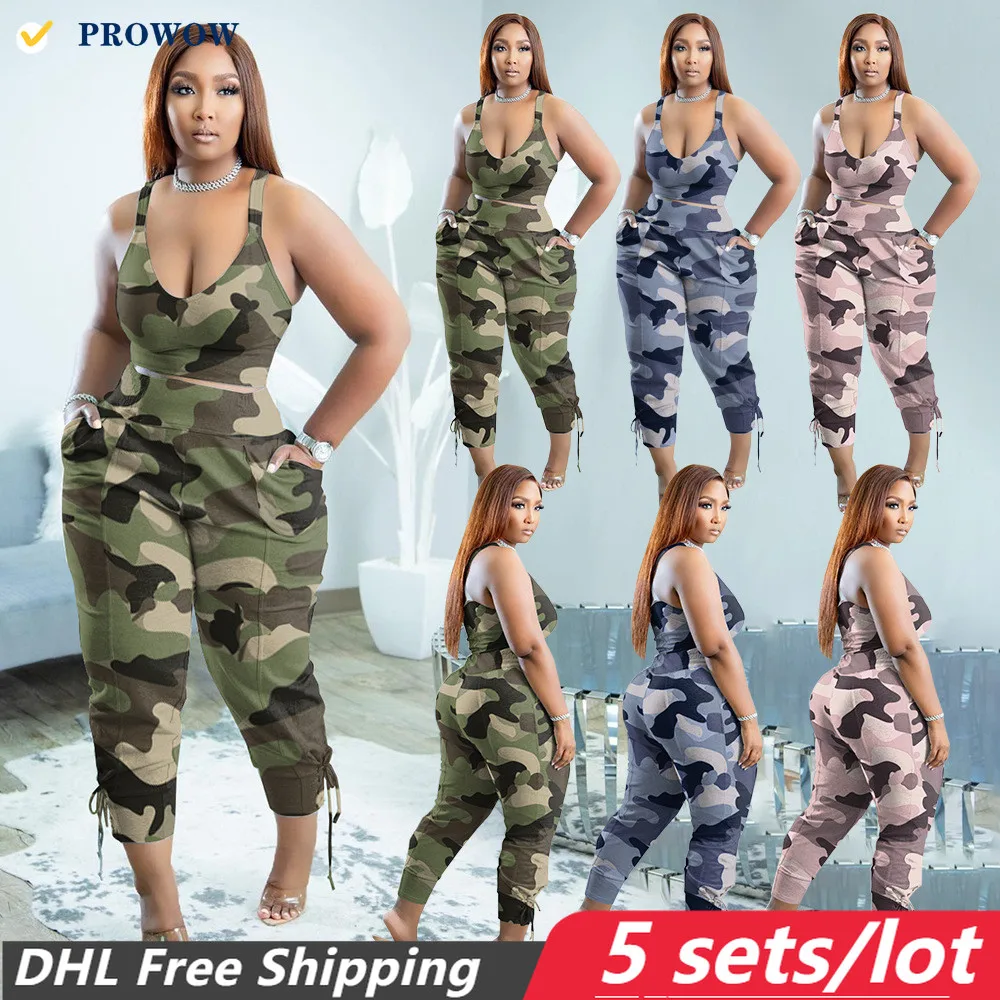 

PROWOW Wholesale Women's Tracksuits Casual Sexy Camouflage Vest and Pockets Beam Mouth Pants Two Piece Set for Women Summer 7665