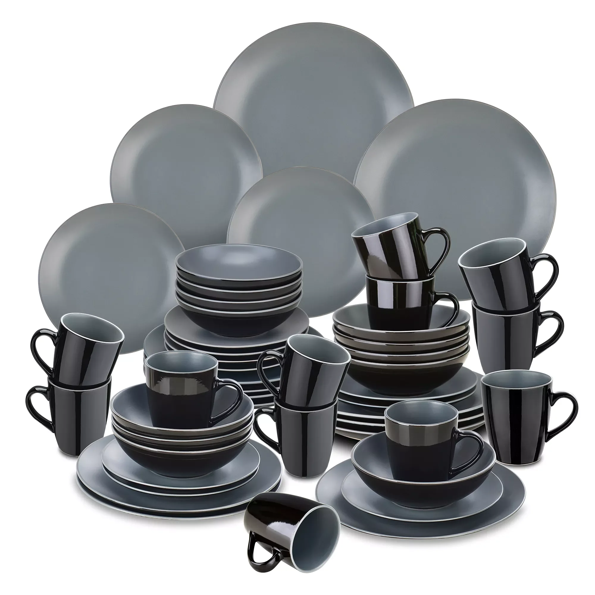 

LENTO 16/32/48-Piece Matte Black&Light Gery Stoneware Crockery Tableware Set with Dinner Plate,Dessert Plate,Bowl,Mug