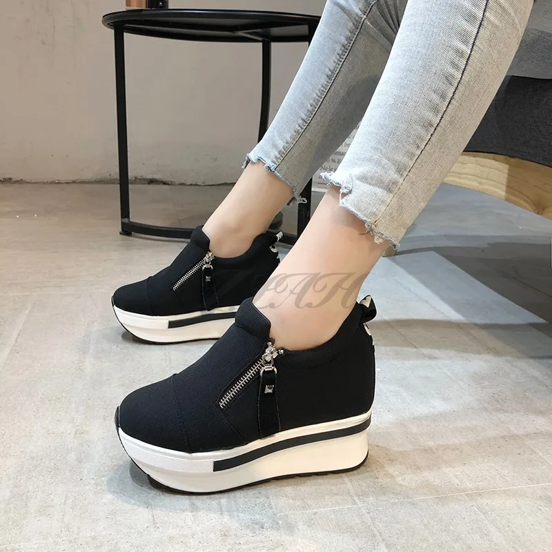 

New Thick Sole Sneakers Women's Shoes Casual Shoes Comfortable High Heels Black Canvas Shoes Women's Invisible Wedge Sneakers