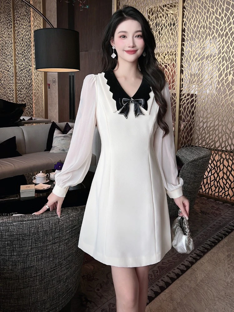 

ZJYT Elegant Long Sleeve Autumn Dresses for Women 2023 Fashion Beading Bow White Black Aline Vestido Casual Party Feminino Robe