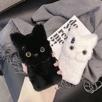 cute plush black and white pink cat stereo cat ear phone case for iphone 13 12 11 pro max mini x xs xr xsmax 7 8 plus