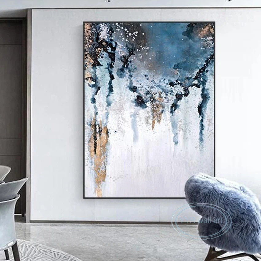 

Wall Art Modern Abstrac Handmade Gold Foil Oil Painting Villa Hotel Living Room Blue Large Mural Luxury Decorative Canvas Poster