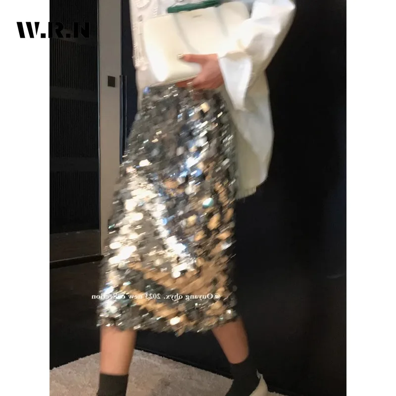 Женская трапециевидная юбка средней длины с блестками и высокой талией