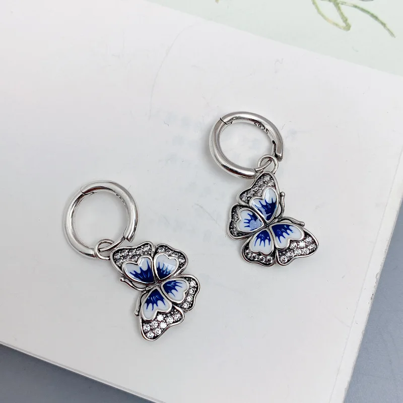 

Ethnic 925 Sterling Silver Blue Butterfly Ear Buckle Drop Earrings Vintage Zircon Small Hanging Earrings Women Girls Jewelry