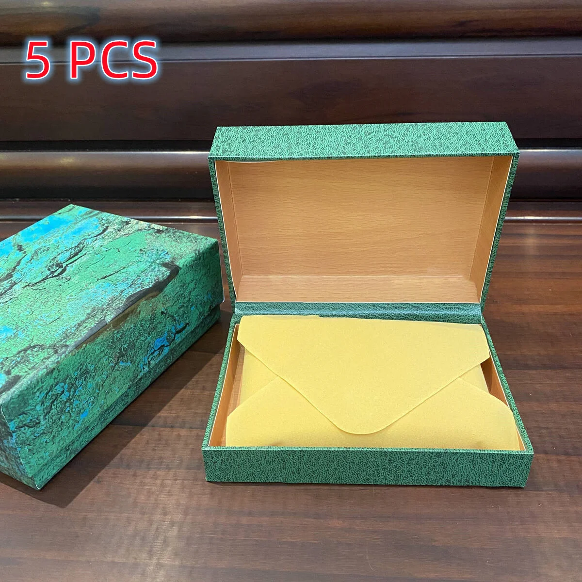

Luxury Top Green Watch Box Quality Composite Wood Watch Boxes English Booklet Watch Packing Box