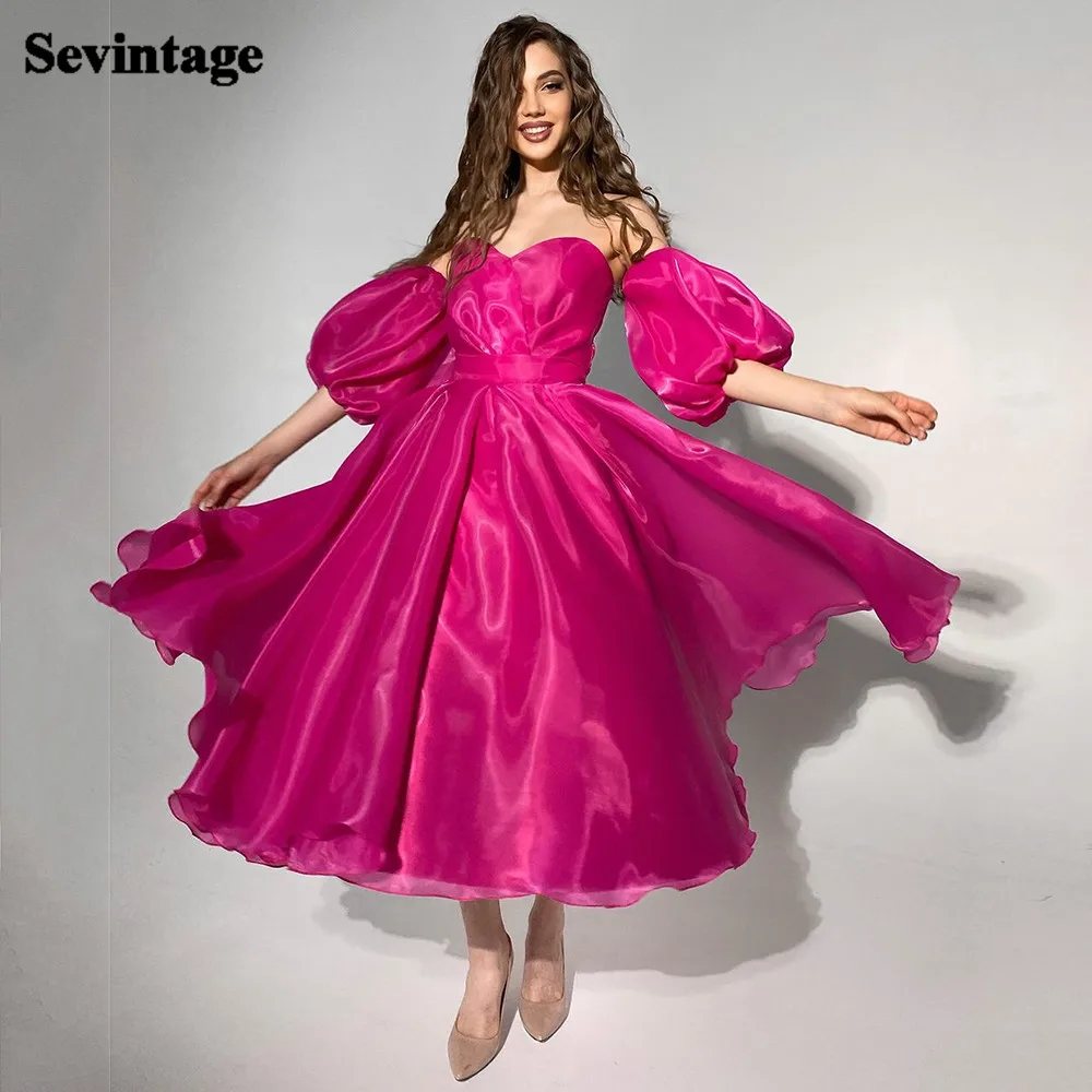 

Sevintag Fuchsia Organza Satin Midi Prom Dresses Remove Half Sleeves Formal Evening Gowns Saudi Arabia Princess Women Dress 2022