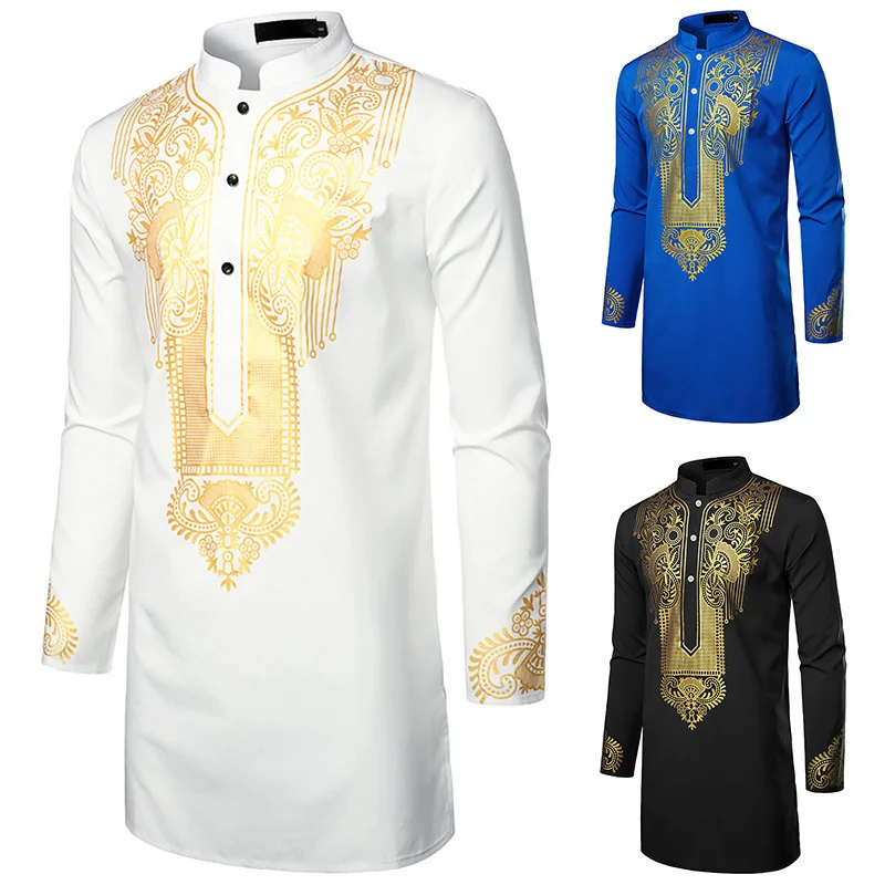 Men's Casual Totem Print Medium Long Sleeve Shirt Style Muslim Men's Stand Collar Shirt