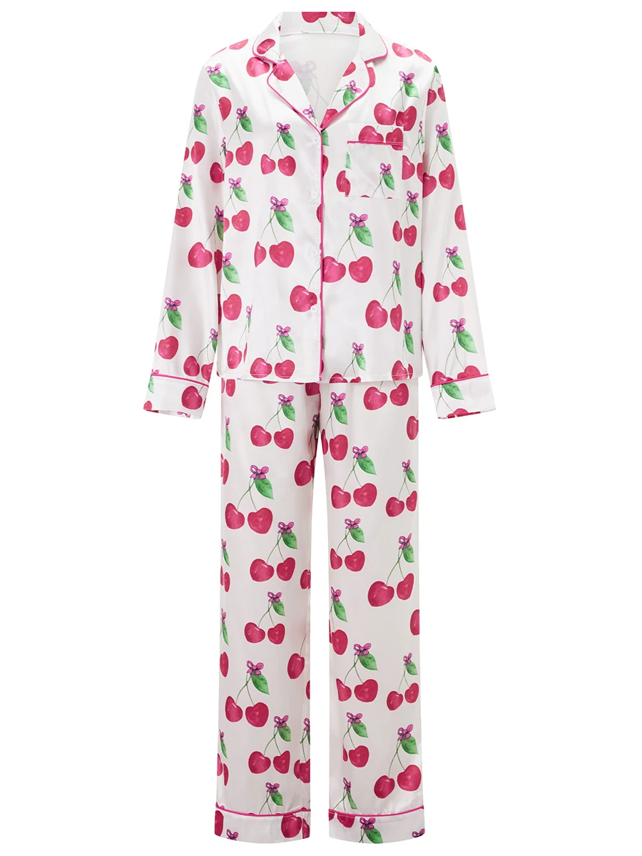 Женский атласный пижамный комплект с вишневым принтом топы на пуговицах