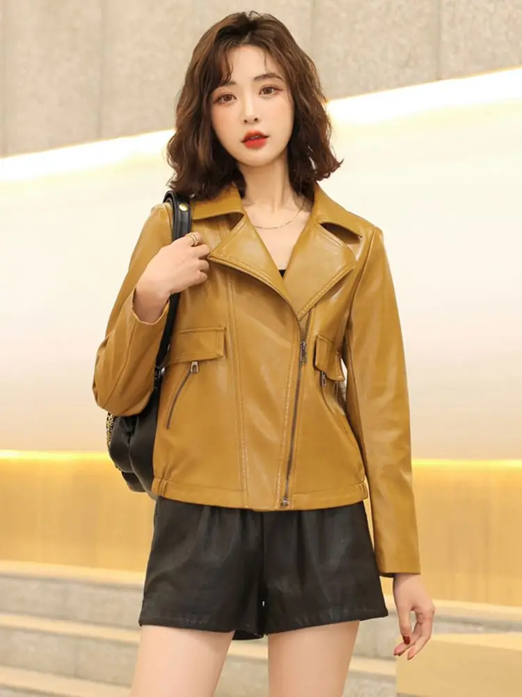New Women Casual Leather Jacket Spring Autumn Fashion Trend Suit Collar Loose Short Sheepskin Coat Split Leather Small Outerwear