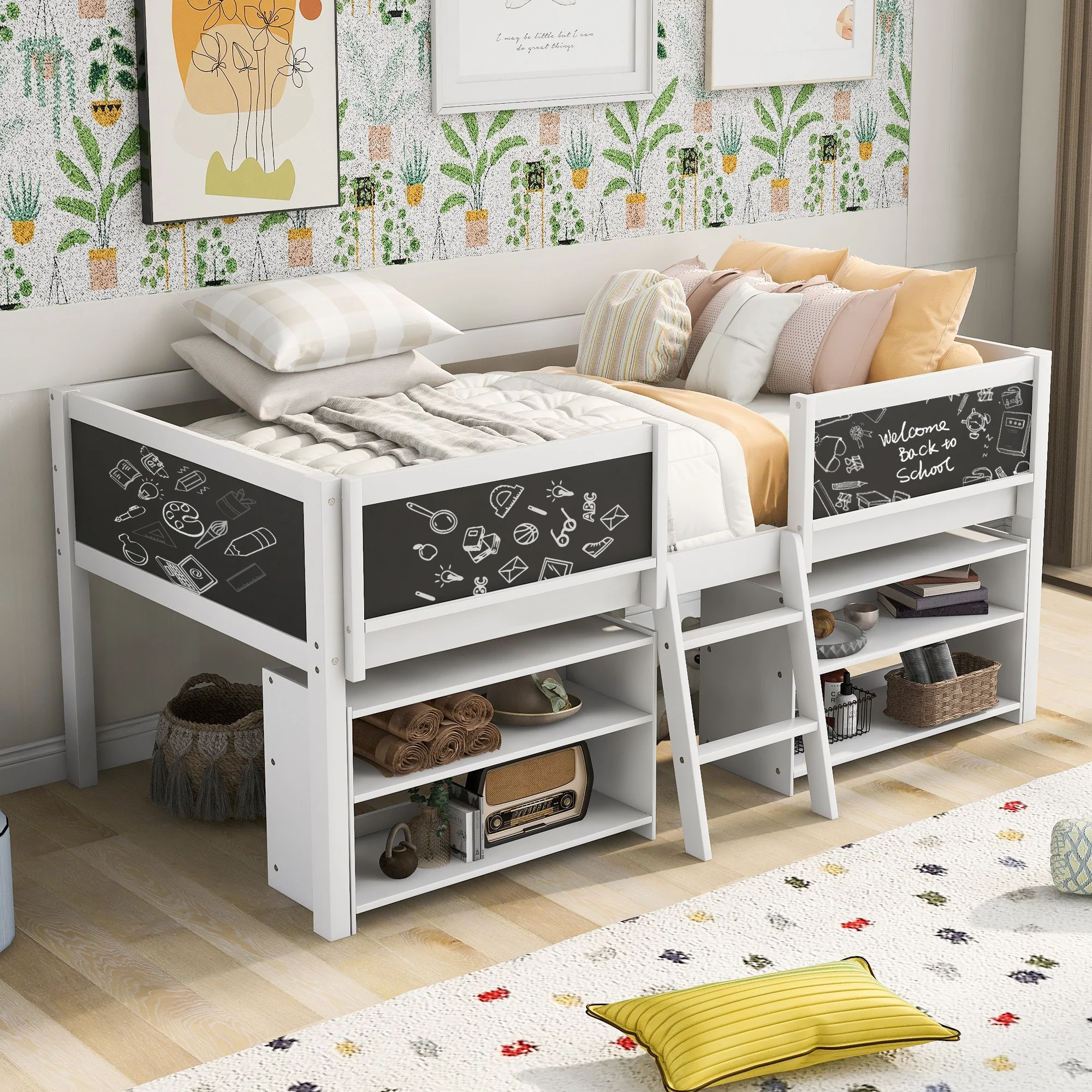 

Twin Size Low Loft Bed with Two Movable Shelves and Ladder,with Decorative Guardrail Chalkboard,White