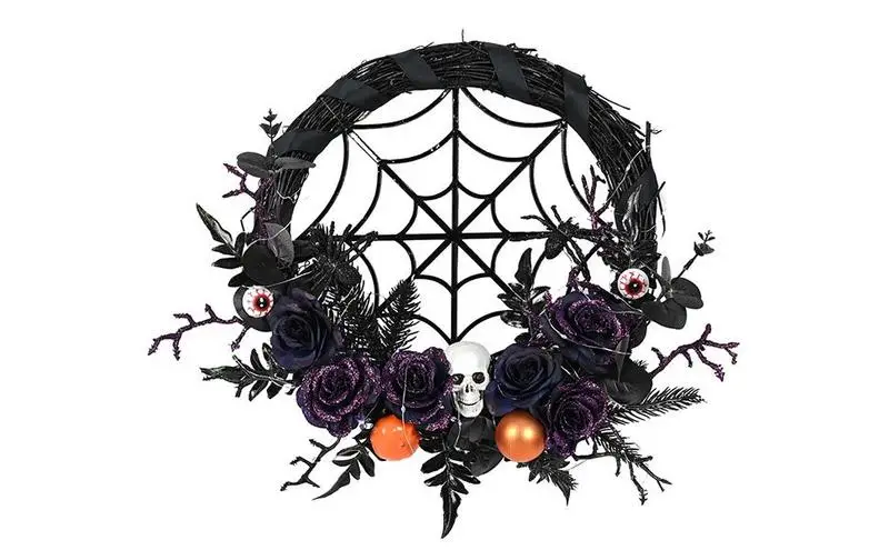 

Halloween Skull Wreath Door front Spider Web Eyeball Skull Wreath Halloween Artificial Rose Garlands with LED Lights supplies