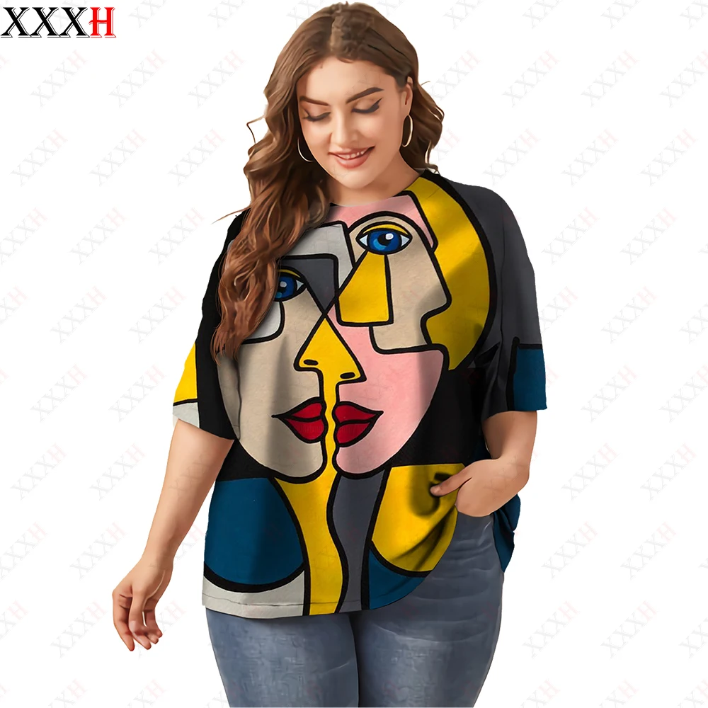 

XXXH Plus Size 2022 New Summer Elegant T-shirt Loose Short Sleeves Vintage Art 3D Print Casual Tops Women Boho Y2K Party Tees