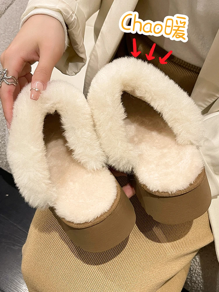 

Flat Shoes Female Med Woman's Slippers Fur Flip Flops Cover Toe Slides Flock Winter Footwear Platform 2023 Plush Rome PU Snow Bo