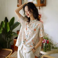 balonimo women elegant shirt new arrival ramie short sleeve stand collar woman shirts loose vintage floral blouse casual tops