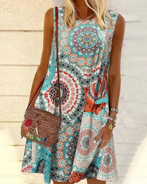 

2022 Summer Woman Casual O-neck Allover Print Sleeveless Swing Mini Dress Daily