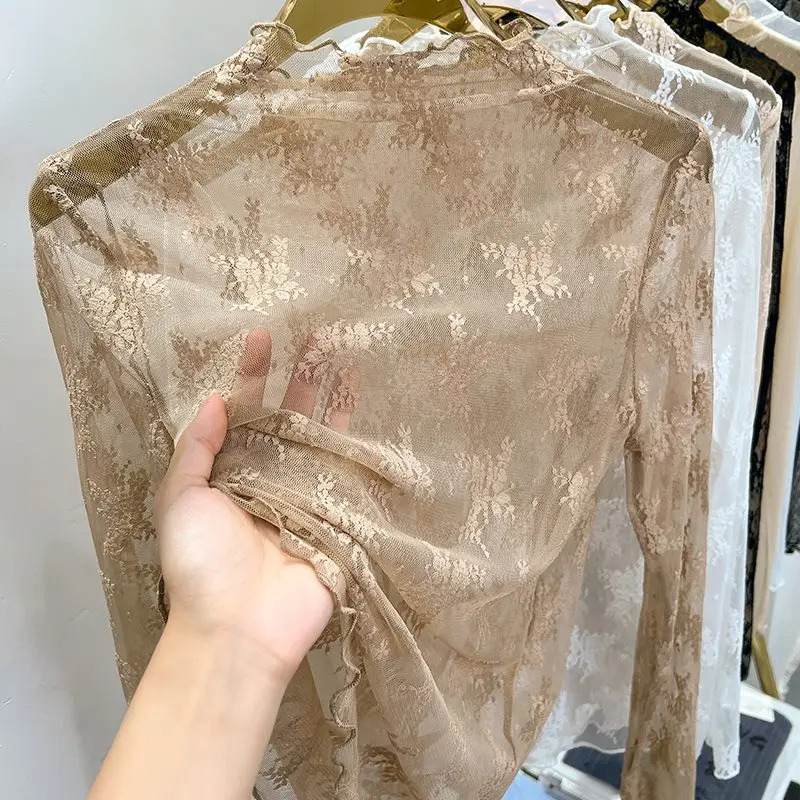 Y2k Однотонные блузки с воротником-стойкой и краями кружевные слегка прозрачные