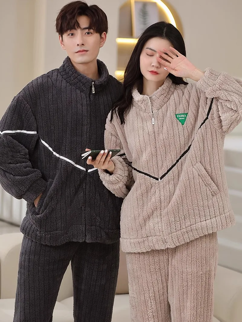 2024 Winter Couple Pajamas Warm Coral Fleece Thickened Fleece-lined Flannel Zip-up Langsha Home Wear Set