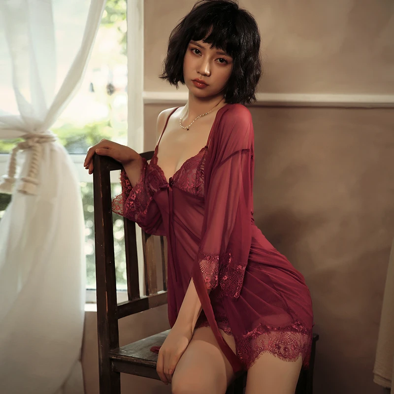 Комплект женский кружевной из 3 предметов пикантная одежда для сна ночная
