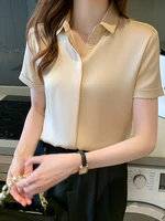 korean fashion women shirt polo neck chiffon solid tops for woman white button clothing summer basic 2022 ol women tops blouses