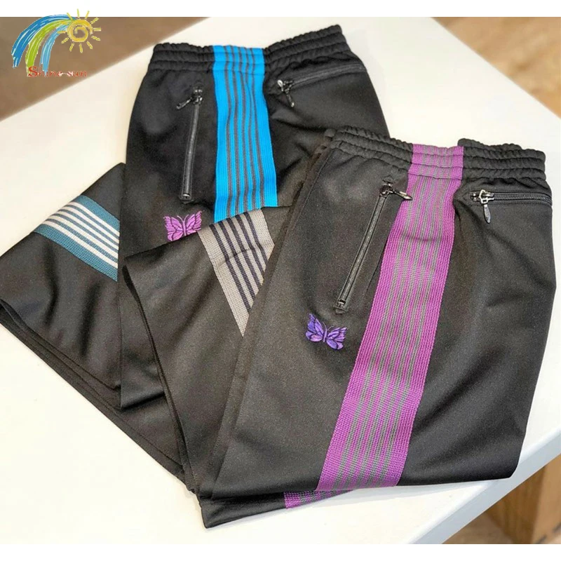 

Fashion Needles Sweatpants Men Women High Quality Butterfly Embroidery Trousers Stripe Zipper Pocket New Pants