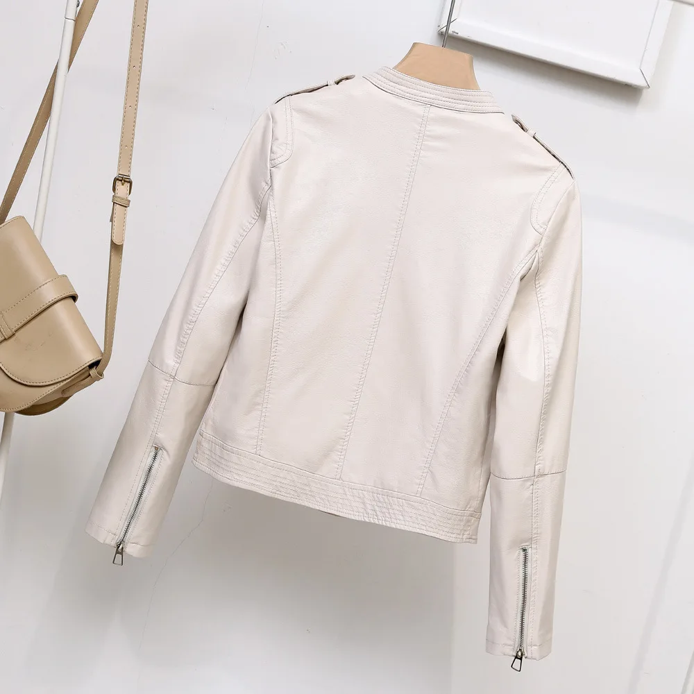 2023 spring clothes new stand-up collar PU women's motorcycle leather jacket epaulette zipper leather jacket Haining short coat