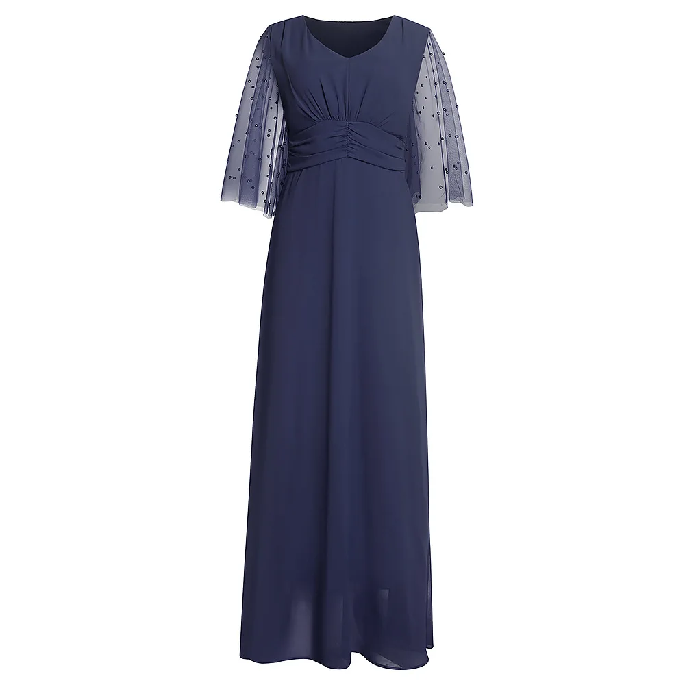 

Women Chiffon Pleated Dress High Waist Floor Length Long Sleeve Deep V Neck Yellow Elegant For Evening Party Night Long Dresses