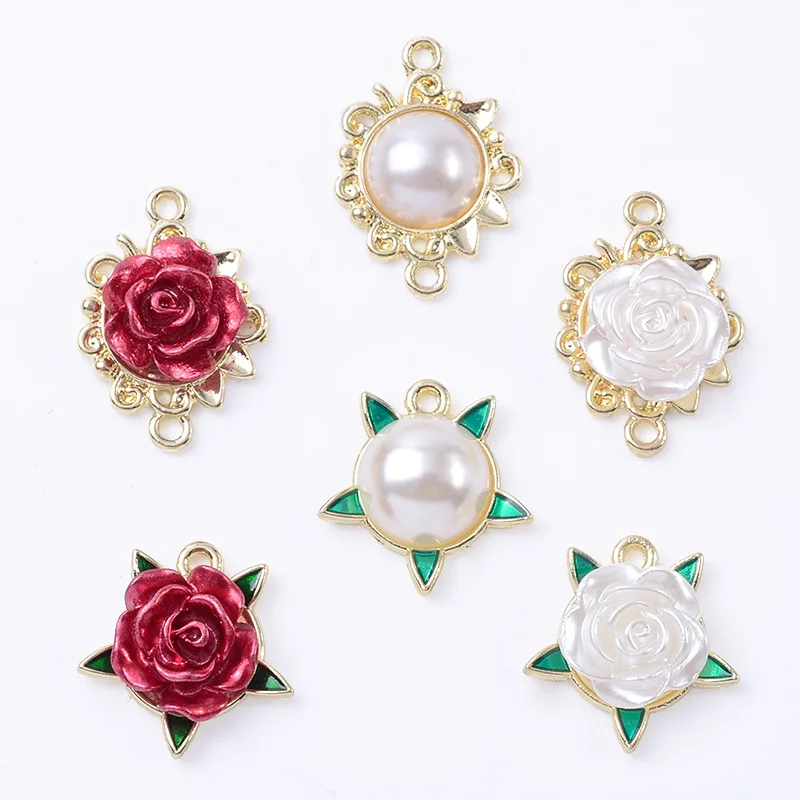

10 PCS Alloy Inlaid Pearl Rose Flower Diy Necklace Earrings Pendant Connectors Diy Jewelry Accessories