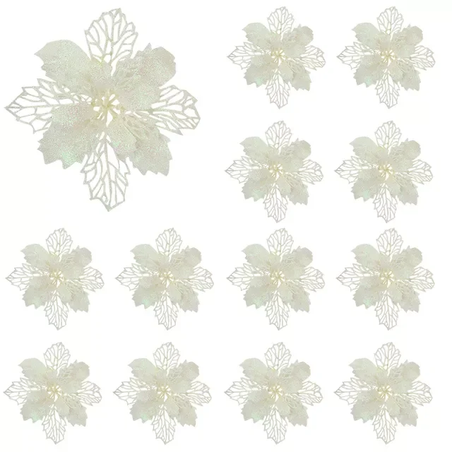 

10pcs Glitter Artificial Poinsettia Flower with Berry Wedding New Year Christmas Cherry Flower Decorations Xmas Tree Ornament