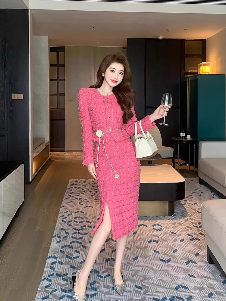 Осенний модный розово-красный шерстяной комплект из двух предметов женский