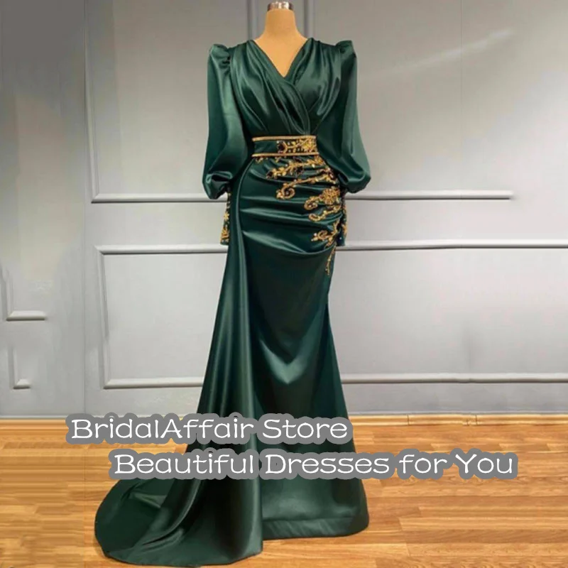 BridalAffair Green Satin Evening Dresses Dubai Arabic Formal Prom Party Gowns With Gold Lace Long Sleeves 2022 Celebrity Dress