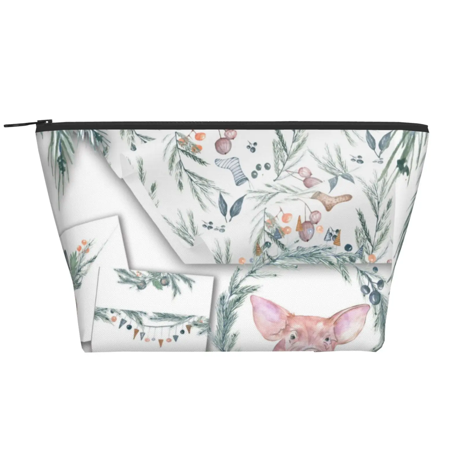 

Watercolor Christmas Cosmetic Bag Trapezoid Daily Storage Bag Polyester Holiday Ziplock Bag Headphone Bag Makeup Organizer Pig