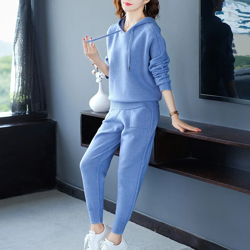 Autumn Winter Knitted Tracksuit Sweater Women Set Casual Clothes 2 Pieces Knit Hoodies Sweatshirts Top Pants Suits Size XXXL