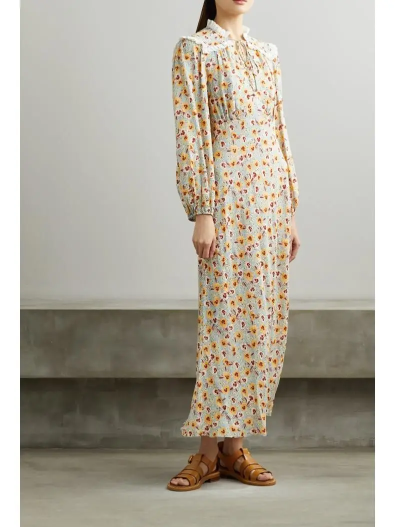 

Women Midi Dress Lace Trim Peter Pan Collar Lace-Up Lantern Sleeve Robe