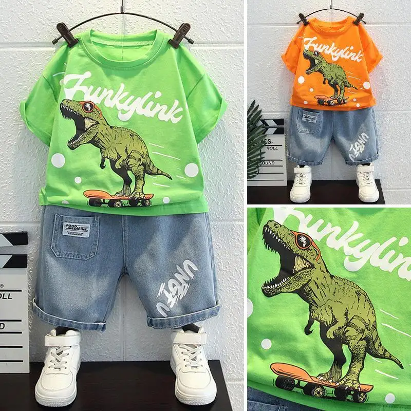 Kids Clothing 2023 Summer New Cotton Dinosaur T-shirt Tops+Jeans Sets Baby Boys Fashion Cartoon Short Sleeve Children Denim Shor