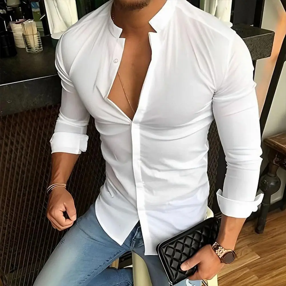 

Рубашка мужская с воротником-стойкой, стильная однобортная приталенная, мягкая дышащая, для деловых встреч и офиса, в повседневном или официальном стиле