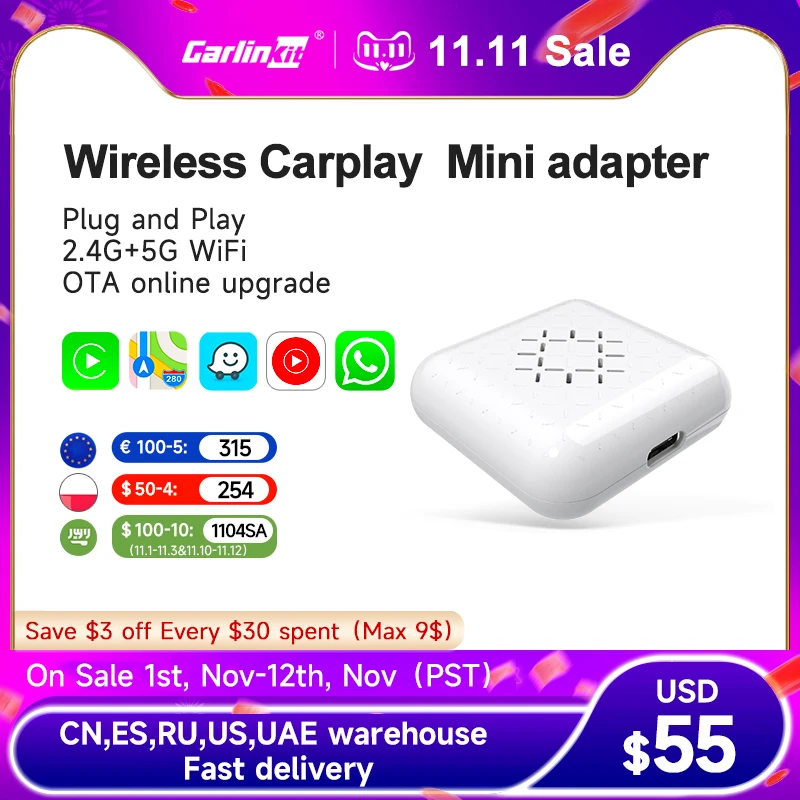 Продажа Carlinkit 3,0 Mini Carplay беспроводной для Toyota Mazda Nissan Camry Suzuki Subaru Tesla Citroen Audi Mercedes Kia IOS15 Spotify BT